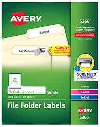 LABELS, FILE FOLDER, AVERY, LASER/INKJET, WHITE, 1500 LABELS/CT LARGE